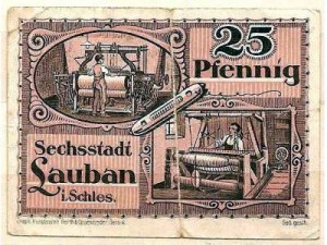 Tkalnie lubańskie na pieniądzu zastępczym z 1920r. (zb. J. Kulczyckiego)