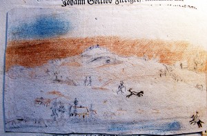 Widok na Kamienną Górę w połowie XVIII wieku. Fragment rysunku w jednej z kronik miejskich w AP O/Lubań, upowszechniony po raz pierwszy.