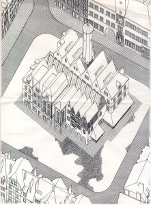 Rycina z układem fundamentów odsłoniętych podczas badań archeologicznych w 1991 r., w tym fundamentami domus forensis oraz projekt nowej zabudowy (ryc. ze zb. UM Lubań).