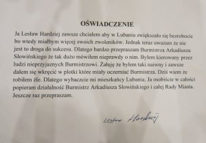 Skan oświadczenia, które pojawiło się w Lubaniu