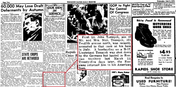 Wzmianka w Wisconsin Rapids Daily Tribune z 4.06.1945 r. o por. Johnie Tomsycku bombardzierze “Homesick” (Archiwum WRDT)