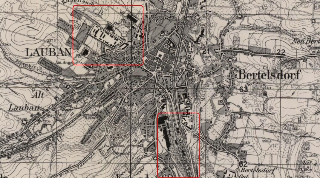 Zbombardowane sektory Lubania przez jednostki 1 korpusu szturmowego w dniu 27 lutego 1945 r. (źr. autor)